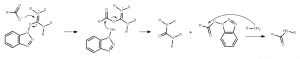 Chemical reaction scheme with arrows and molecules.