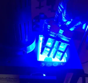 A table with a blue light on it