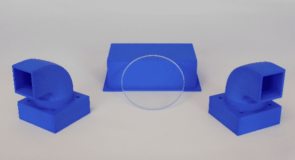 A blue object is sitting on top of a table.