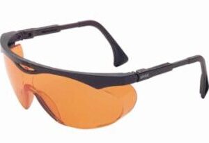 A pair of orange glasses with black frames.