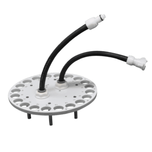 A white and black hose holder with two hoses attached to it.