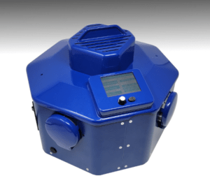 Blue hexagonal device with touchscreen interface.