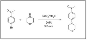 Chemical reaction with reagents and product.